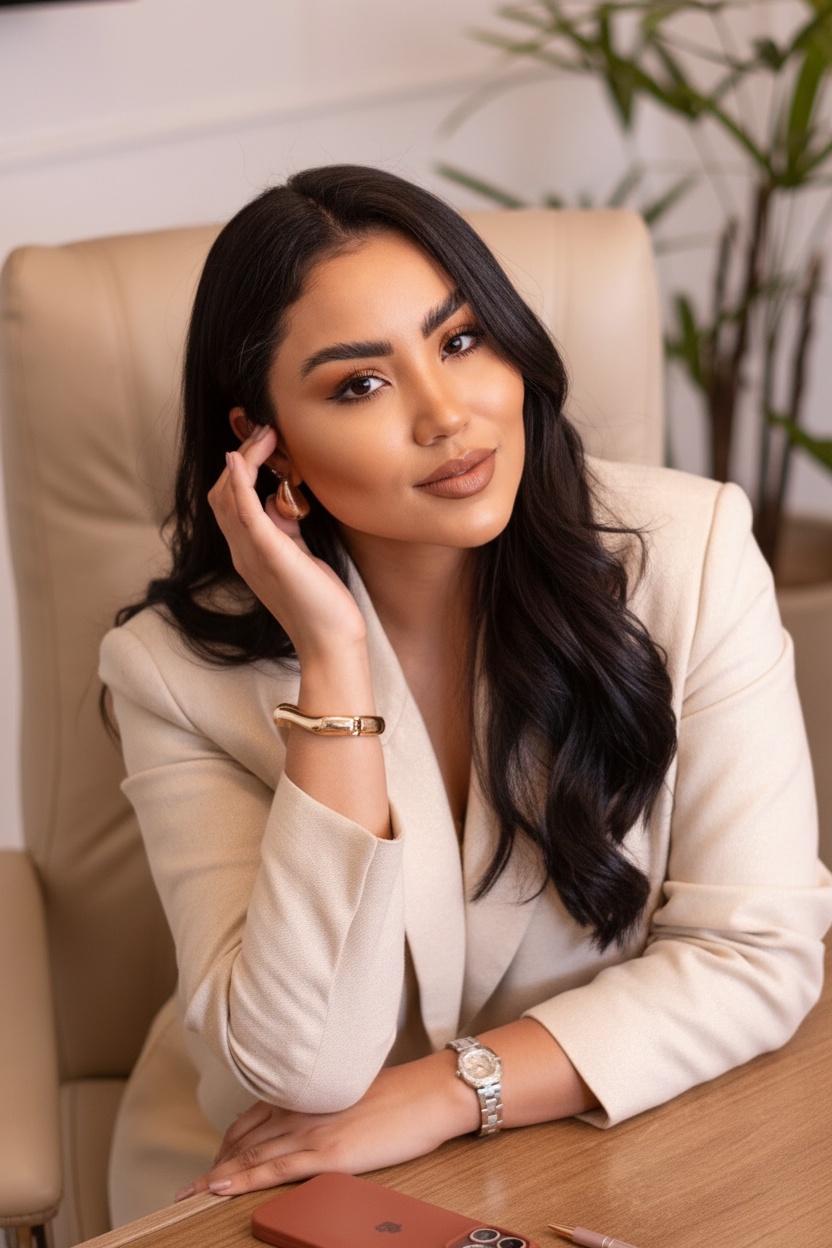 Adrielle Moraes no consultório, usando blazer claro